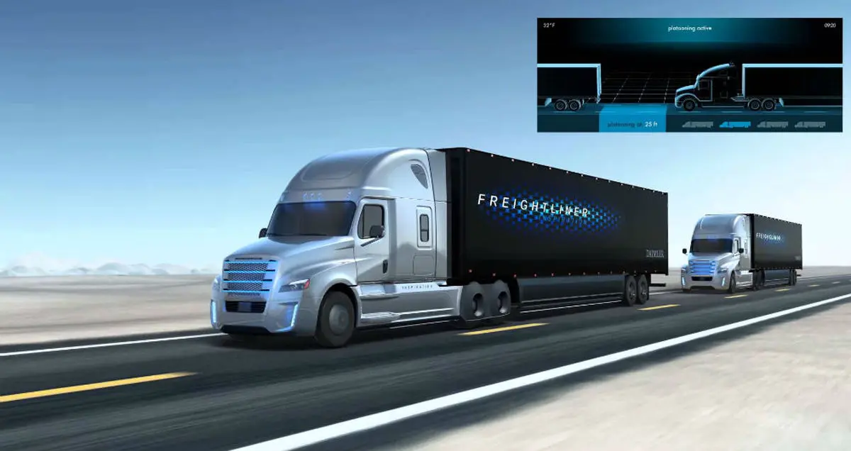 رژه آزمایشی کامیون‌های خودران Daimler در خیابان