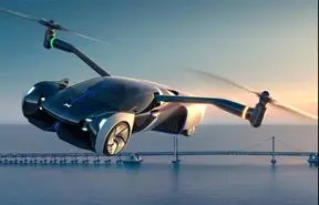 نمایی از نشستن یک خودروی پرنده در پارکینگ شهری